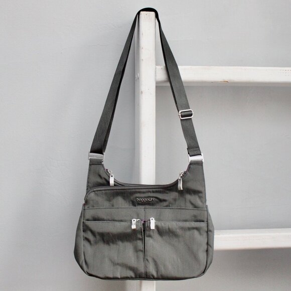 Baggallini Charcoal Gray Nylon Cross Over Crossbody Bag with Removable Wristlet - Picture 1 of 11
